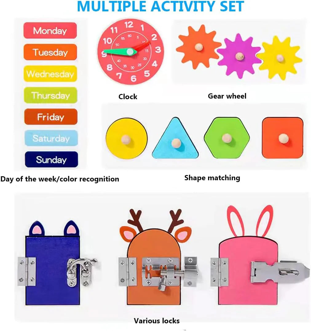 Fidtoy Wooden Busy Board with Locks Clock and Shape Puzzles