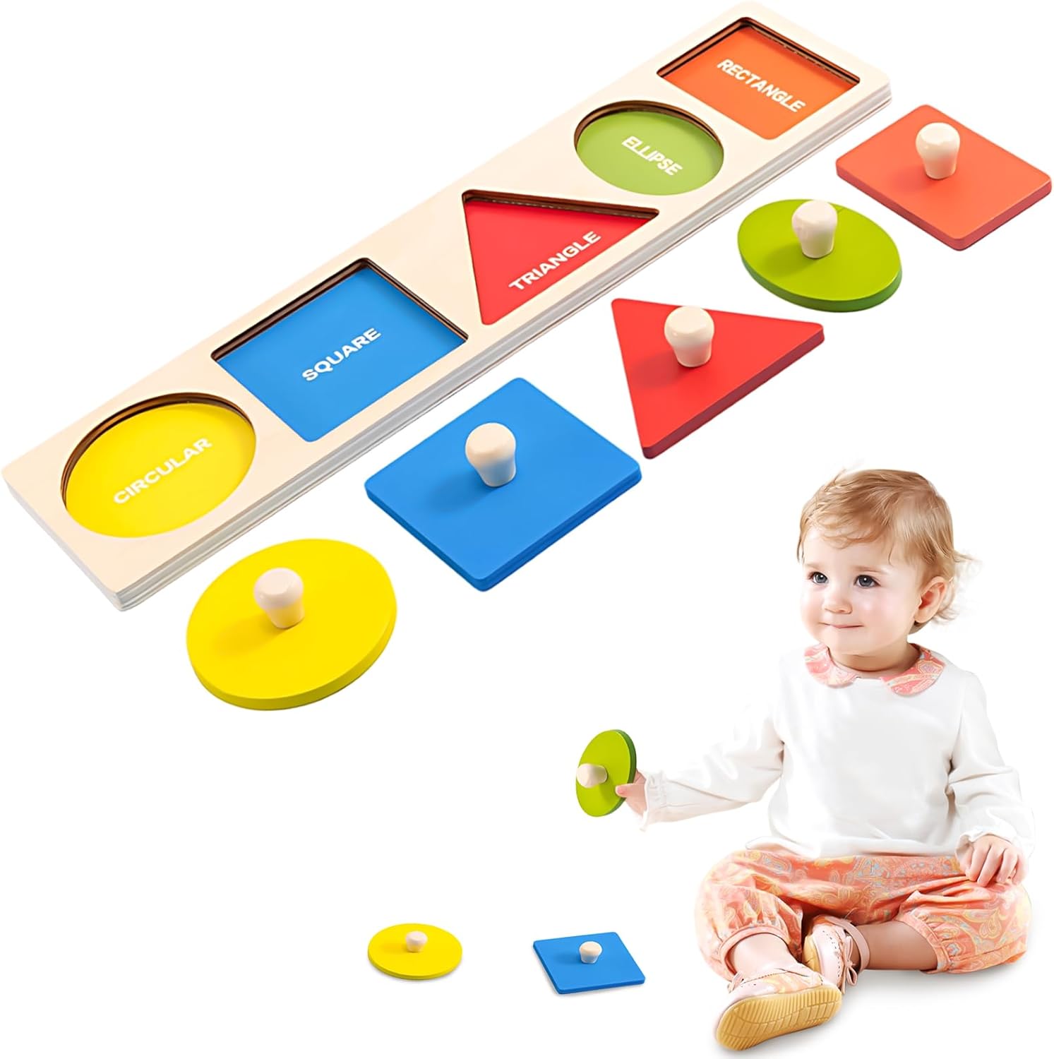 QESSUVNC Wooden Shape Sorting Game for Toddlers, Montessori Peg Puzzle, Geometric Shapes, 1-3 Years