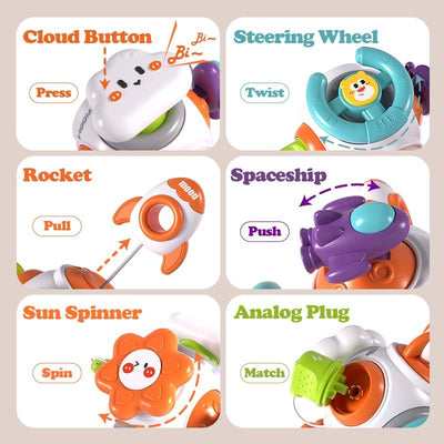 Fidtoy Rocket Montessori Busy Cube for Babies – 6-Sided Sensory Activity Cube with Spinner, Press Button, Pull Rocket, Steering Wheel, Simulated Plug, and Space Play
