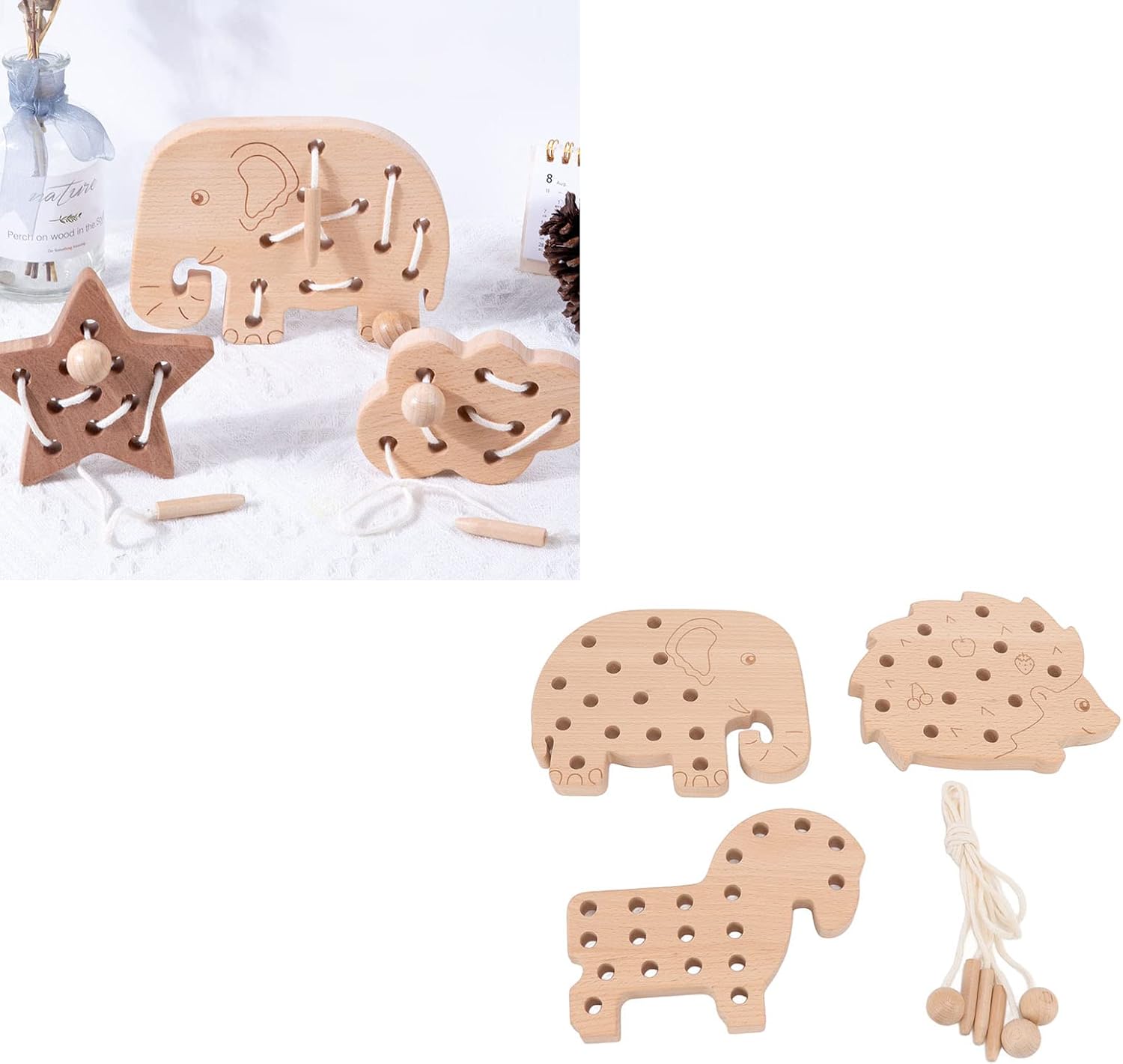 Wooden Lacing Toy, Wood Block Puzzle Game Toys, Early Learning Fine Motor Skills Educational Gift Montessori Travel Toys Early Education Wooden Lacing Toy for Toddlers