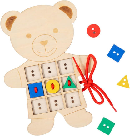 predolo Urso de madeira com botões para amarrar, brinquedo educativo para meninos e meninas.