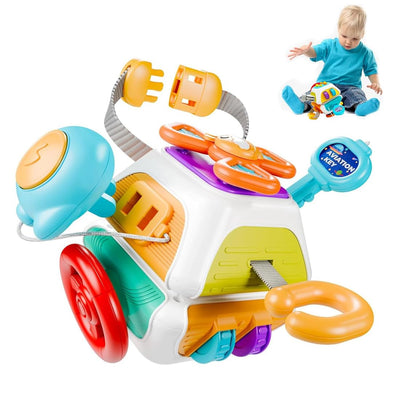 Fidtoy 10in1 Montessori Sensory Busy Cube, Plastic Sensory Activity Cube with 10 Activity Panels, Rotating Toys, Steering Wheel, Key Matching and Switches Ages 6+ Months
