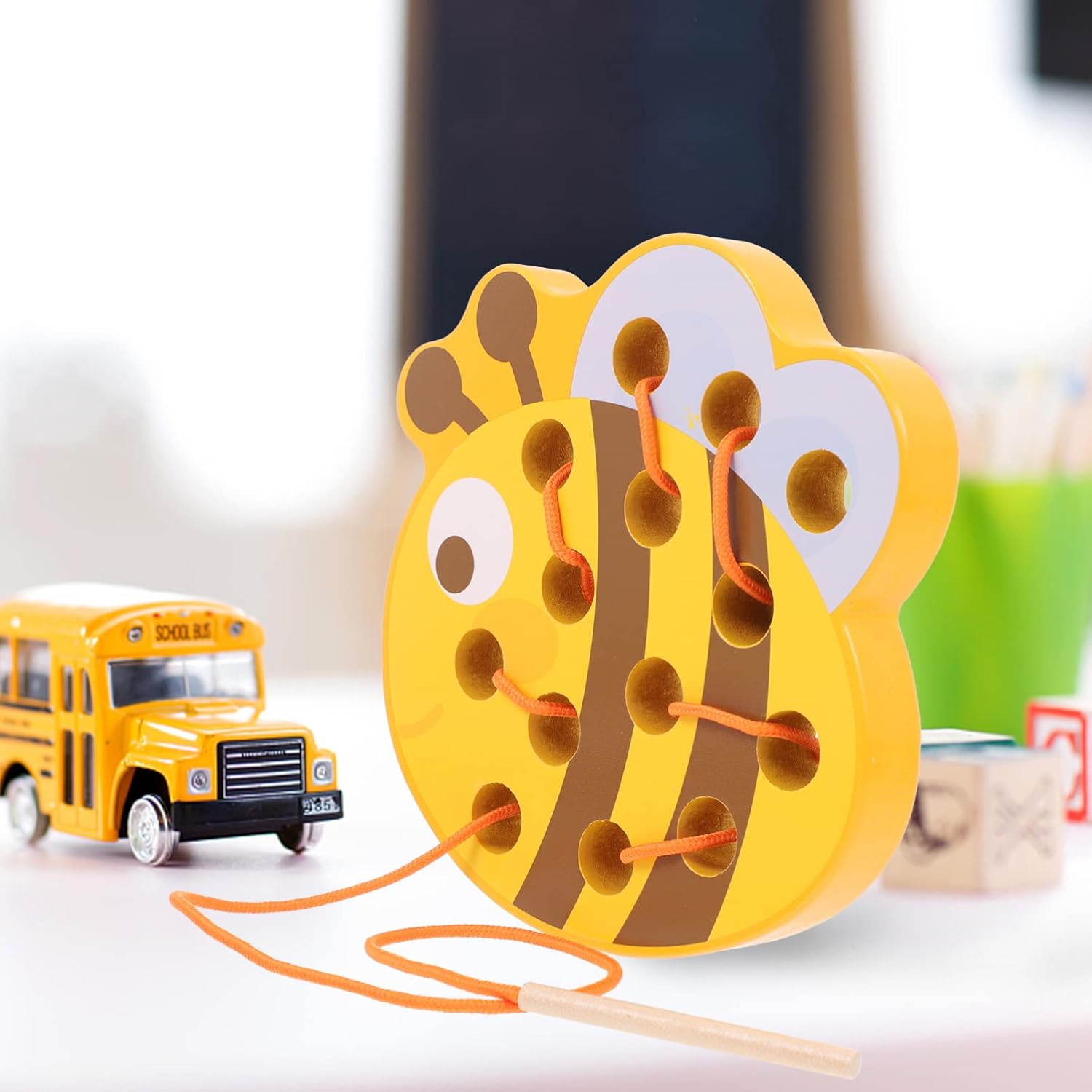TOYANDONA Wooden Lacing Toys Animal Threading Weaving Toys Wood Block Puzzle Fine Motor Skills Montessori Early Learning Educational Toy for Boys Girls Gift ( Bee )