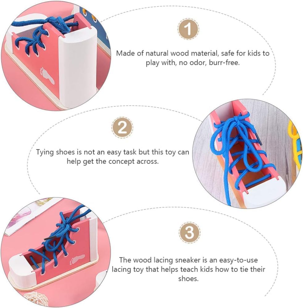 NUOBESTY Learn to Tie Shoes Wooden Lacing Shoe Toy Shoelaces Tying Toy Teaching Kit for Kids, Pink