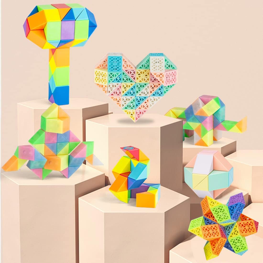 Sensory Fidget Snake Cube Twist Puzzles - Large Size Magic Snake Toy - Party Favors for Kids & Adults Rainbow & Hollow Out - 60 Wedges