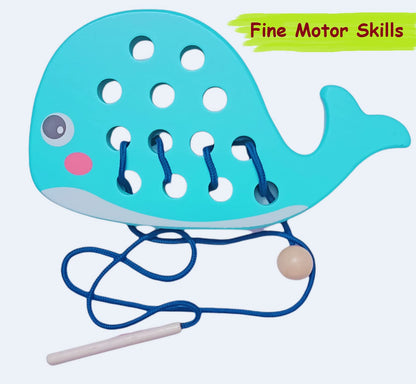 First Generation Wooden Lacing Blue Whale Threading Toys for 2 3 4 5 Years Old Toddlers Baby Kids Boys.