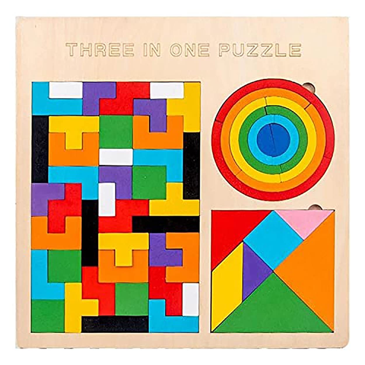 Fidtoy Wooden Tangram Brain Teaser Puzzle Game, 3 in 1 Wooden Tangram Tetris and Rainbow Bridge Puzzle, Shape Sorting Spatial Awareness Toy Ages 3+
