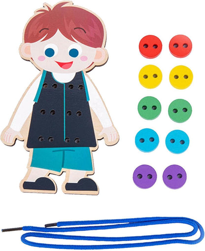 costura botão – Roupas madeira para crianças – Brinquedo Montessori Jogo fio habilidamotora fina para pré-escola desenvolvimento precoce e educação Xuany