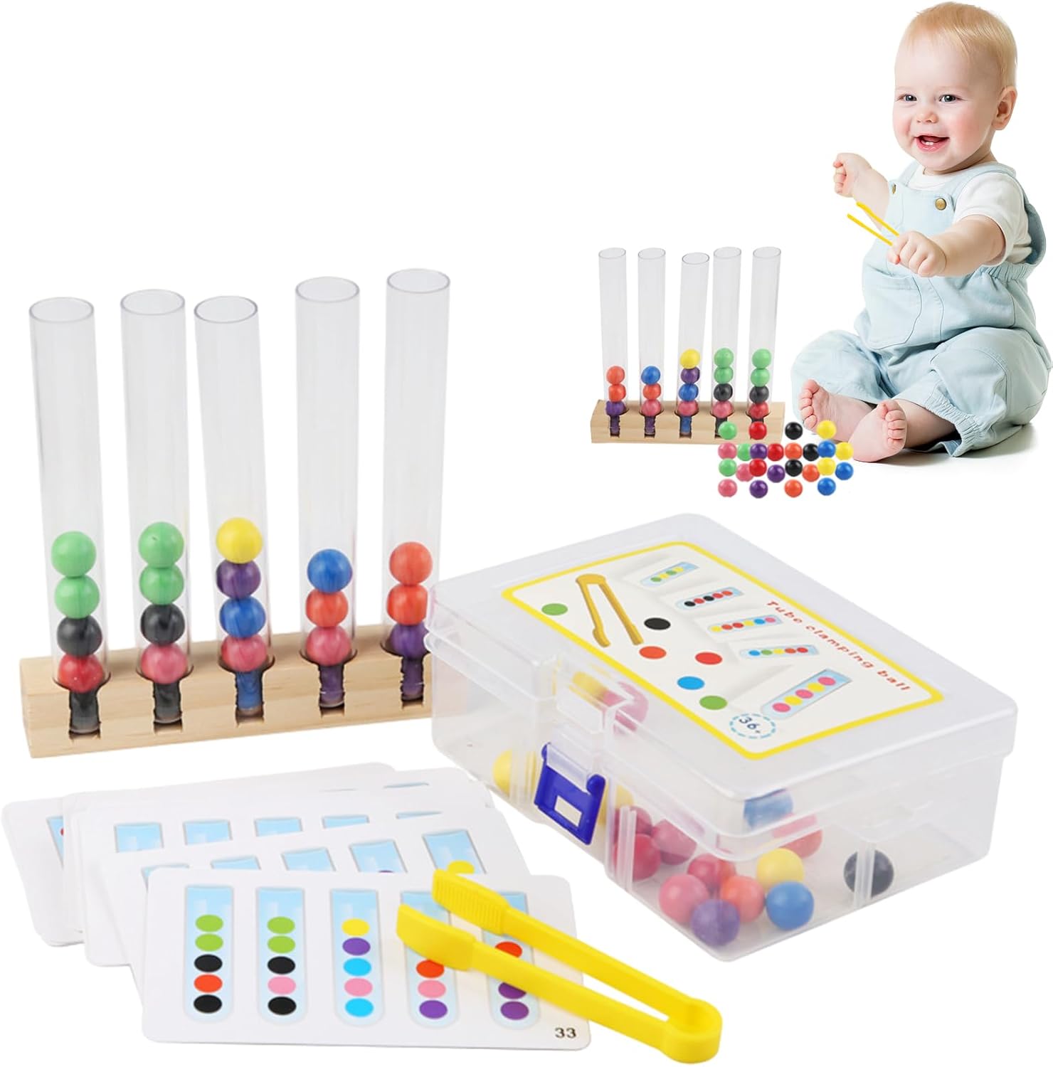 Fidtoy Tube à essai perles colorées avec 48 défis de motifs – Jouet d'apprentissage pour développer la motricité fine, le tri des couleurs et l l'association de motifs pour les enfants de 3 à 6 ans