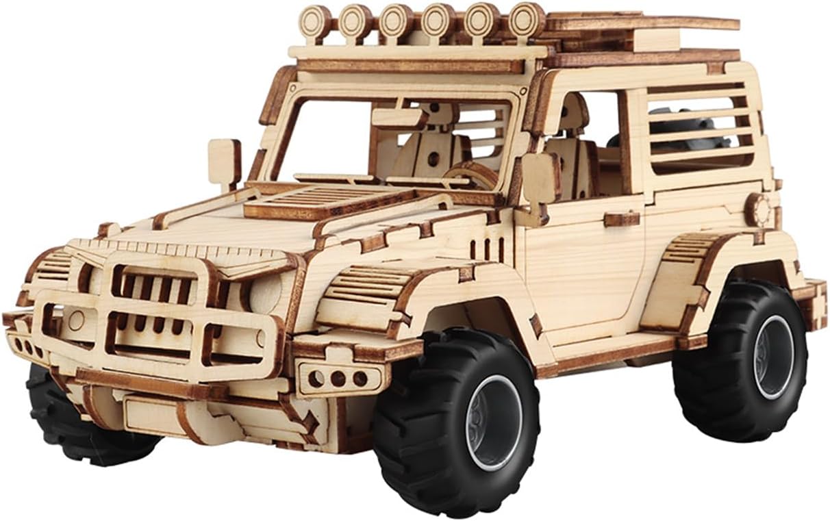 Fidtoy 3D Wooden Mechanical Jeep Pull Back Puzzle 125 Pieces, Wooden SUV Model Building Kit for Teens Adults Beginners Ages 14+
