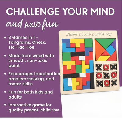 Fidtoy 3-in-1 Wooden Brainstorming Tetris and Number Learning Board for Kids, Wooden Puzzle Board with Block Puzzle, Tangram and Tic-Tac-Toe, Fine Motor and Strategy Toy Age 2–6