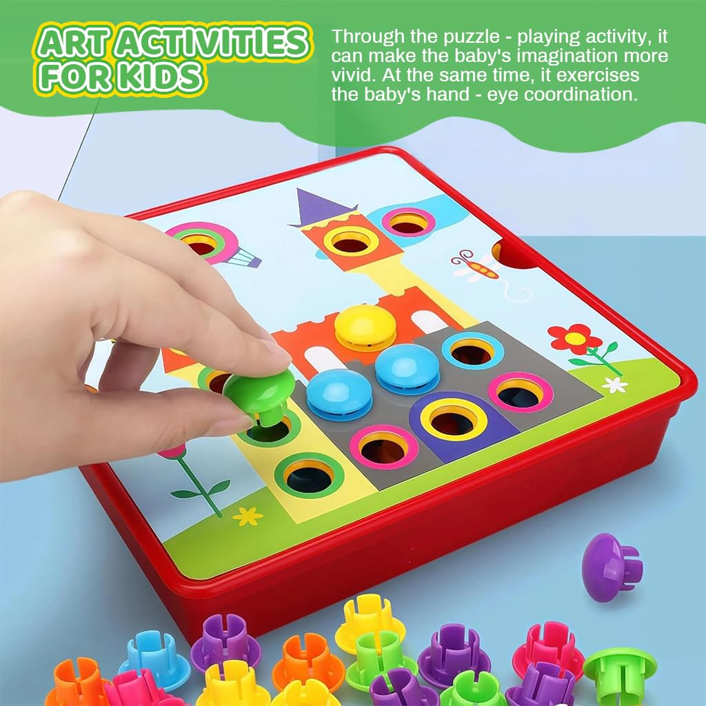 Fidtoy Button Art Matching Toy for Kids – Montessori Peg Board Mosaic Puzzle with Picture Cards