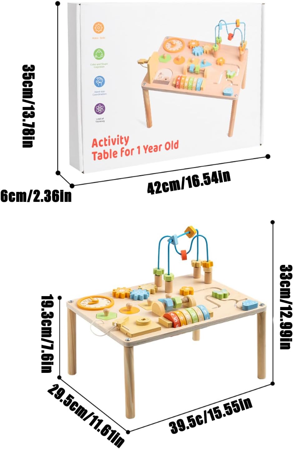 Activity Chart - Wooden Activity Chart | Portable Learning Table | Reusable Educational Wooden Toys with Shape Sorter and Bead Maze for Kids Boys Girl