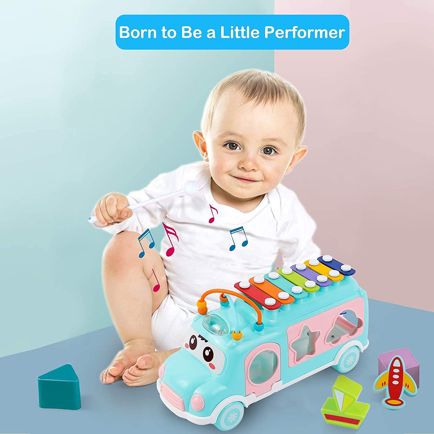 Fidtoy Xylophone School Bus Toy – Musical Shape Sorter Pull Toy for Toddlers 2–6