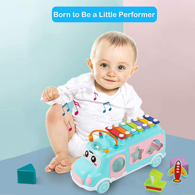 Fidtoy Xylophone School Bus Toy – Musical Shape Sorter Pull Toy for Toddlers 2–6