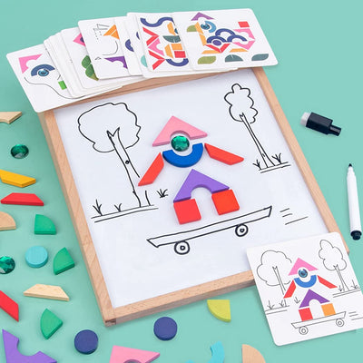 Fidtoy Wooden Magnetic Drawing Puzzle Board for Kids Creative Doodle Cards Fine Motor Toy Age 2-6