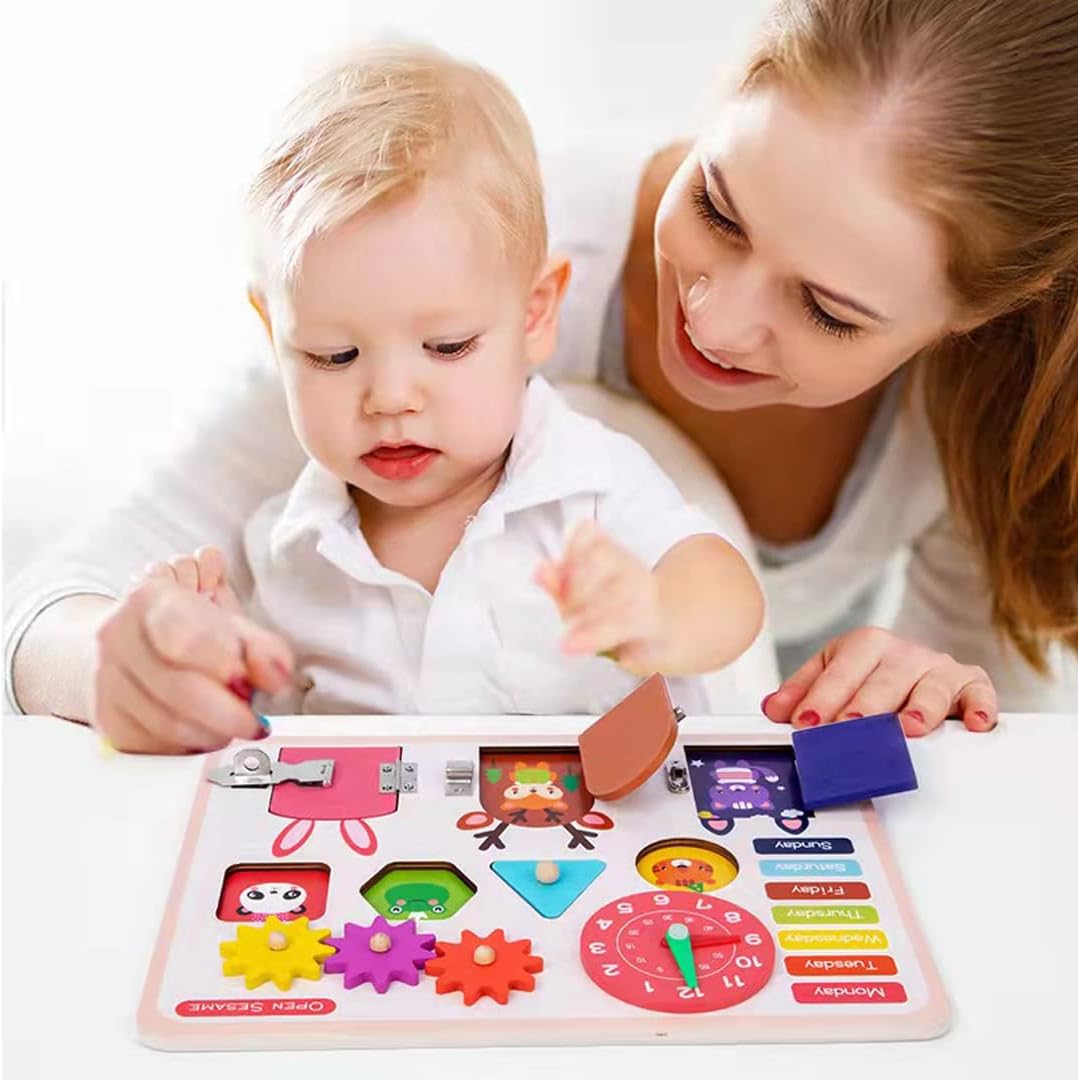 Busy Board Montessori Toys for Toddlers, Wooden Activity Board,Sensory Gifts 3 4 5 6 7 8 Year Old Boys & Girls Preschool Learning Activities Fine Motor Travel Multicolored 9.25*0.98*14.56 INCH