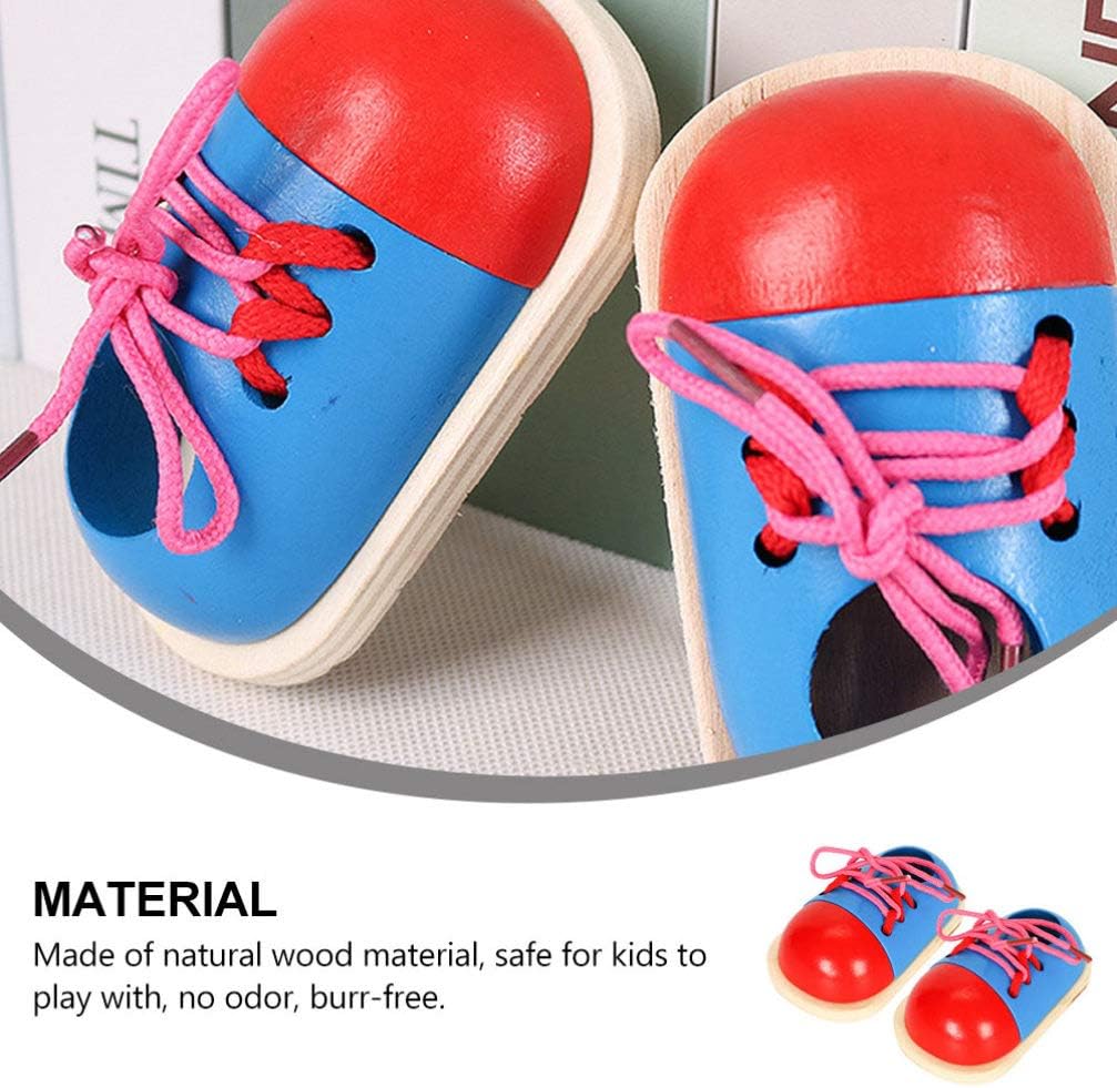 2pcs Wooden Lacing Shoe Toy Tie-up Shoelace Educational Plaything for Boy Girl Develop Fine Motor Skills and Hand-Eye Coordination Safe Natural for Ages