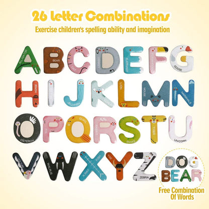 JCREN Jumbo Magnetic Animails Alphabet Uppercase Letters with Drawing Board,Fridge Wooden Magnets Sticks,ABCs, Early Letter Recognition,Learning Spelling Refrigerator for Toddler Kids Boy Girl