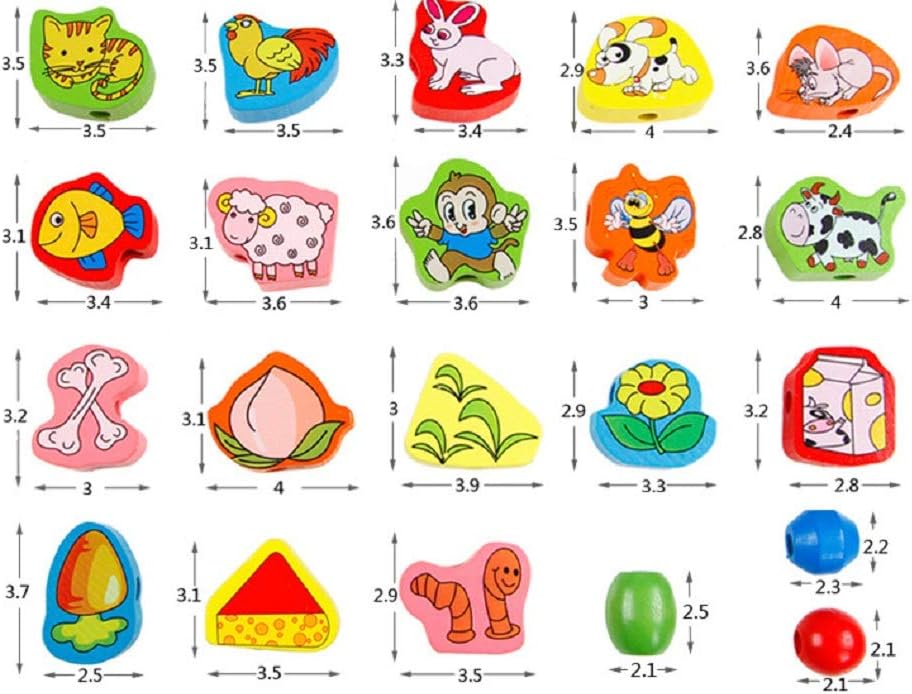 63 Piece Colorful Wood Animal Pair On The Rope Lacing Beads Early Teaching Toy