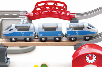 Fidtoy Wooden City Train Set with Storage Bucket Railway Toy