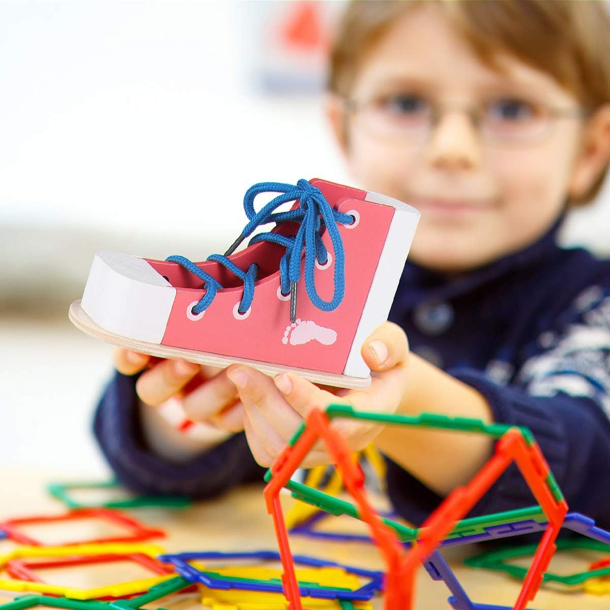 NUOBESTY Learn to Tie Shoes Wooden Lacing Shoe Toy Shoelaces Tying Toy Teaching Kit for Kids, Pink