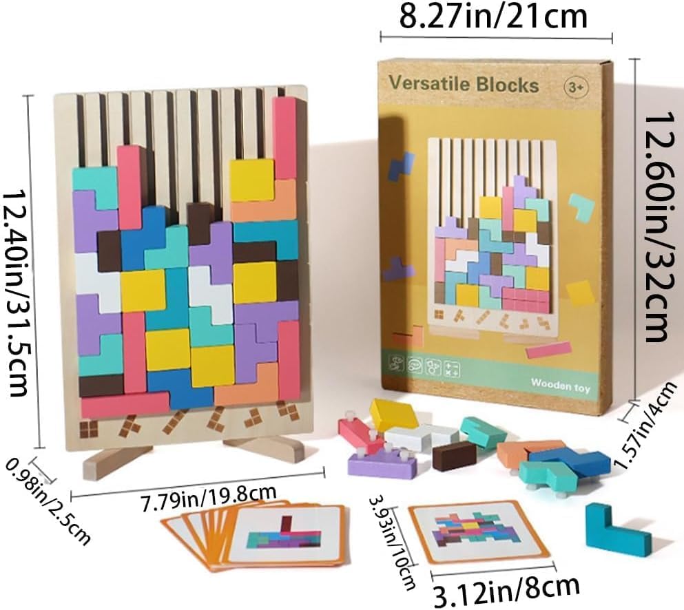 Wooden 3D Tetris Puzzle - Montessori Brain Teaser for Kids & Adults