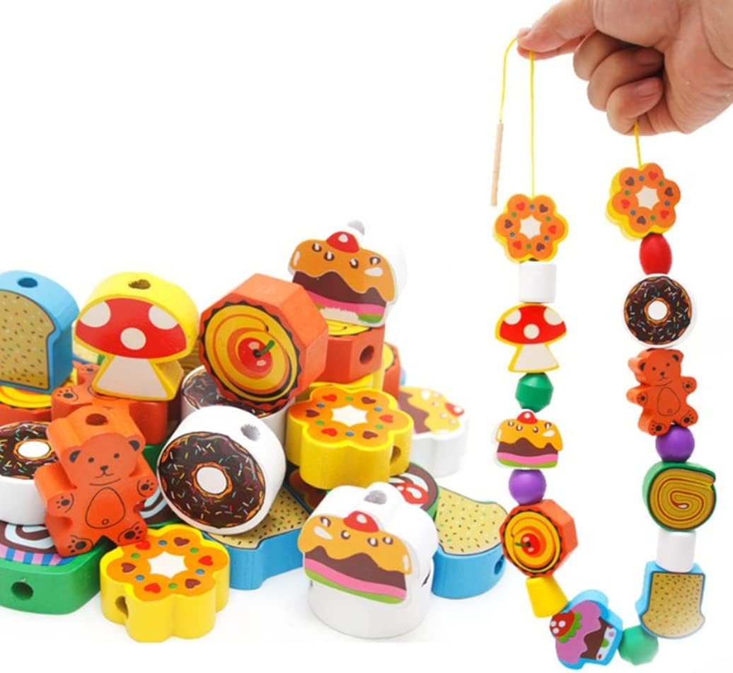 Zerodis Wooden Beads Toy, Wooden Thread Beads Lacing Beads Strings Beads Set Montessori Toys for Toddlers Preschool Children