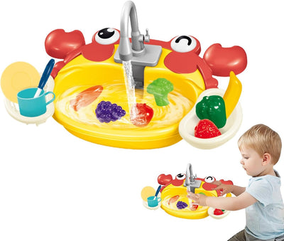 Fidtoy Cute Animal Kitchen Water Sink Pretend Play Set with Running Water Faucet for Kids Ages 3-8, Interactive Kitchen Role Play Toy with Fruits, Vegetables & Draining Basket