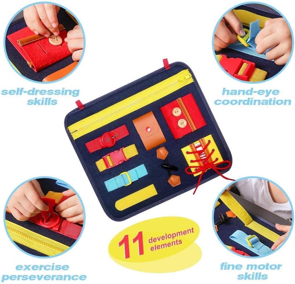 SIMBOOM Toddlers Busy Board, Montessori Basic Skills Activity Board, Learn to Dress Toys for 1 2 3 4 Years Old Kids Holiday Gifts (Blue)