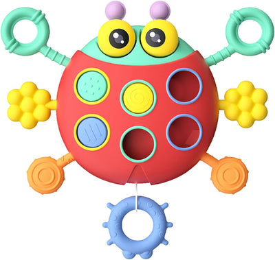 Fidtoy Cute Colorful Ladybug String Pull Sensory Rattle for Babies 6+ Months Montessori Pull String Teething Toy