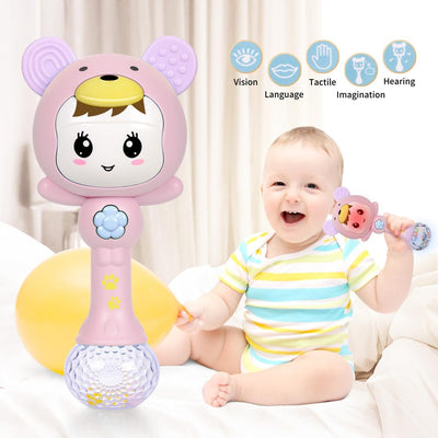 Fidtoy Light Up Musical Baby Rattle Teether Toy – Pink Sensory Rattle with Lights, Sounds, Teething Ears, and Early Development Play