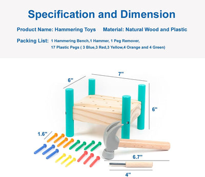 Fidtoy Interactive Nailing Wooden Table Activity Hammering Bench with Pegs and Hammer for Kids Fine Motor Play