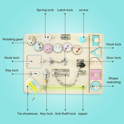 Ghopy Wooden Busy Board for Toddlers Montessori Sensory Toy Toddler Sensory Board Activity Board Preschool Educational Learning Toy with Lacing Sorter Gears Zipper Lock for Kids Birthday
