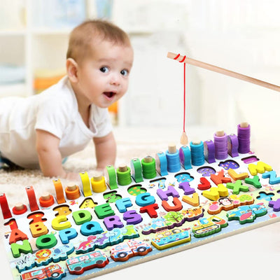 PATPAT® Wooden Number Puzzles for Kids, Fishing Game Educational Toys for Babies Montessori Toys for Toddlers Number Vehicles Fruits Animals Sorter Game for 1-5 Year Toddlers