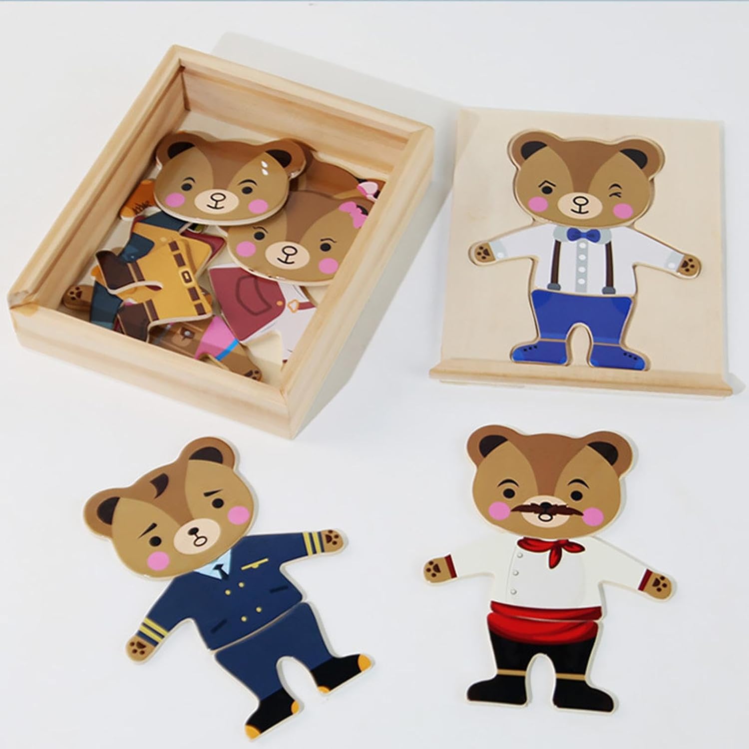 Bear Family Dress Up Puzzle,Wooden Bear Family Costume, Clothes Changing Game, Sorting and Matching Puzzle, Wooden Funny Change Clothes Set for