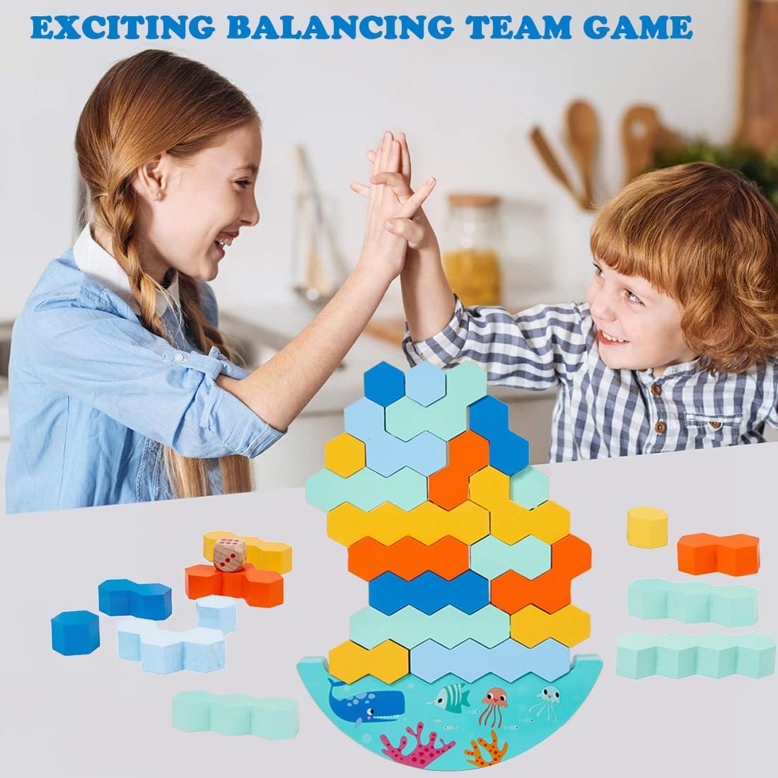 Jeu de société Fidtoy Balance Stacking en bois avec dés