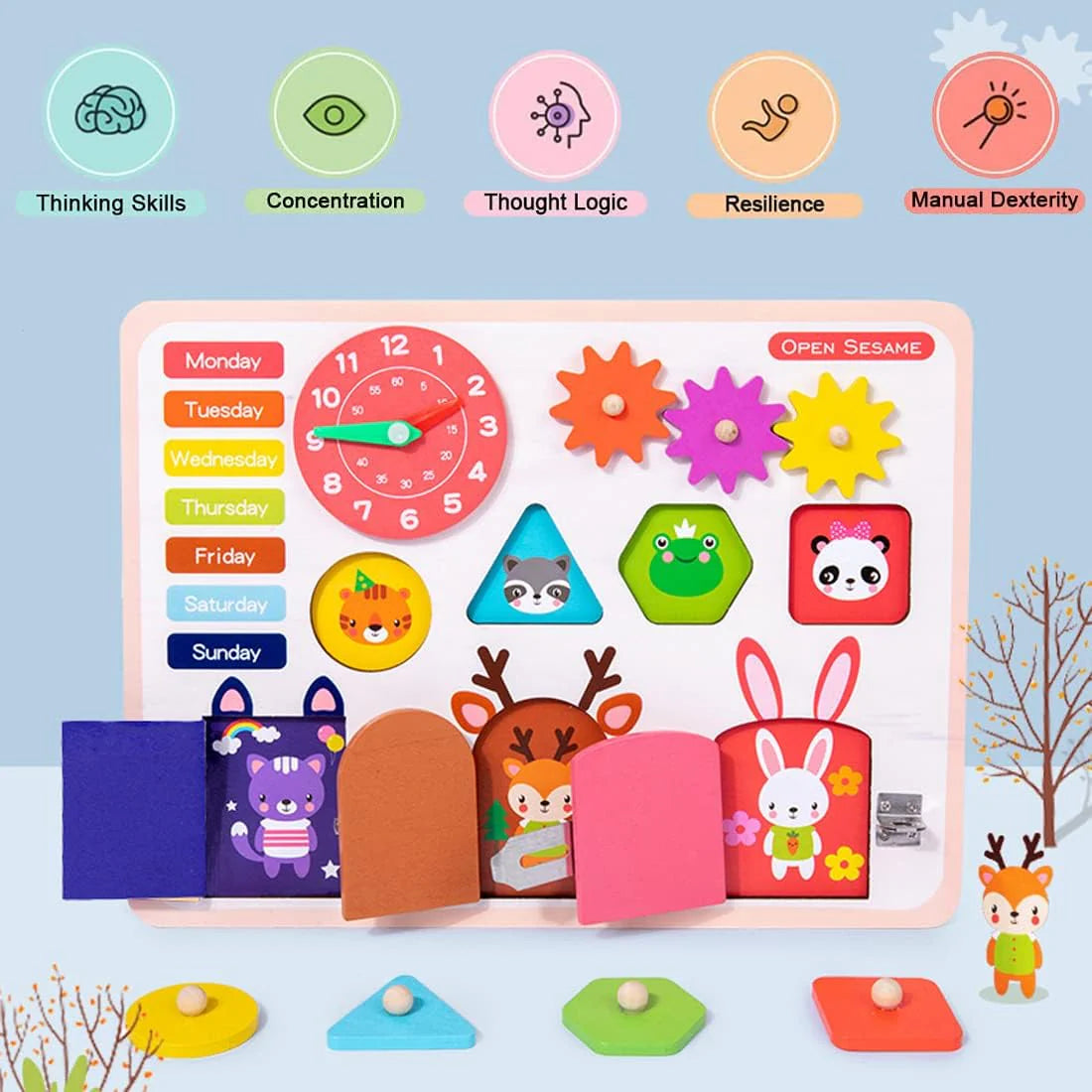 Fidtoy Wooden Busy Board with Locks Clock and Shape Puzzles