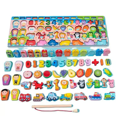 Wooden Jigsaw Magnetic Fishing Game Educational Puzzle Board with Numbers, Animals, Fruits & Vehicles | Montessori Learning Toy Set for Kids | Digital DIY Educational Log Board Game