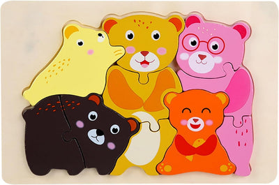 Fidtoy Wooden Animal 3D Puzzle for Toddlers, Cartoon Bear Matching Puzzle Board, Fine Motor Skills and Animal Recognition Learning Toy