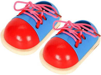 2pcs Wooden Lacing Shoe Toy Tie-up Shoelace Educational Plaything for Boy Girl Develop Fine Motor Skills and Hand-Eye Coordination Safe Natural for Ages