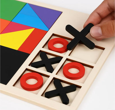 Fidtoy 3-in-1 Wooden Brainstorming Tetris and Number Learning Board for Kids, Wooden Puzzle Board with Block Puzzle, Tangram and Tic-Tac-Toe, Fine Motor and Strategy Toy Age 2–6
