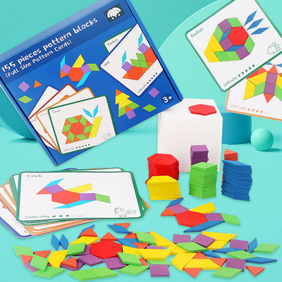 Fidtoy 155-Piece Wooden Pattern Blocks Puzzle for Kids – STEM Learning Toy, Montessori Early Education, Colorful Geometric Shapes