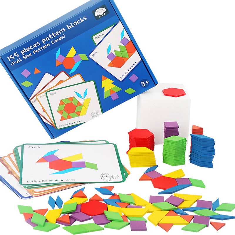 Fidtoy 155-Piece Wooden Pattern Blocks Puzzle for Kids – STEM Learning Toy, Montessori Early Education, Colorful Geometric Shapes