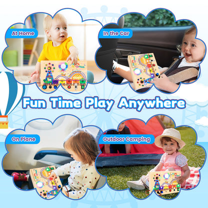 Montessori Wooden Busy Board -Light-Up Sensory Activity Toy for Toddlers, Fine Motor Skills Learning Toy for Ages 1-4, Travel-Friendly Fidget Board for Boys & Girls