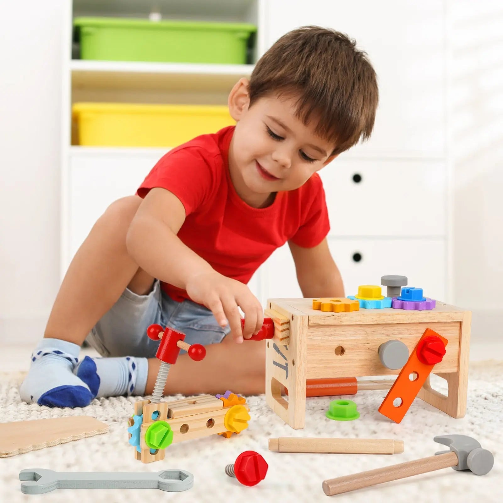 Fidtoy Ensemble d'Outils en Bois pour Enfants, 30 Pièces, Jouet de Construction Imitation pour Tout-Petits