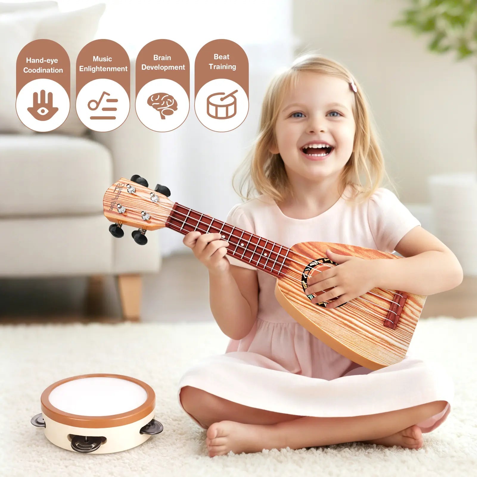 Fidtoy Ensemble d'instruments de musique 7 pièces pour tout-petits - Ukulélé et jouets d'apprentissage du rythme pour enfants