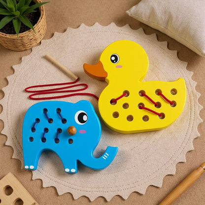 Set de Enhebrado Patito y Elefante de Madera