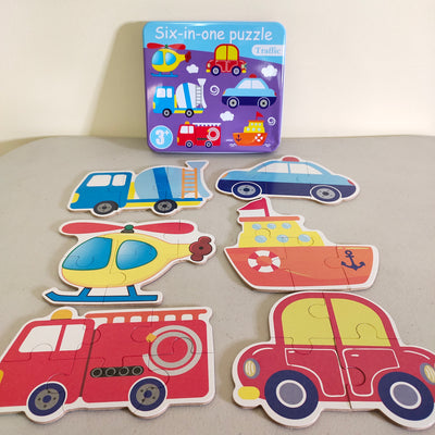 Fidtoy 6-in-1 Jigsaw Puzzle with Number Transport Tin Box for Kids, Transport Theme Number Recognition Puzzle Set, Progressive Toddler Learning Puzzle Age 2–6
