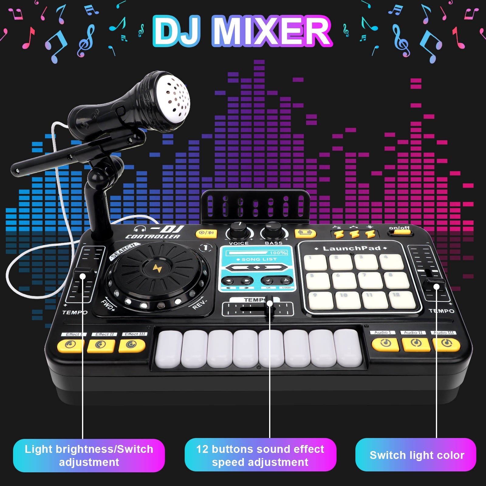 Kids DJ Mixer Music Toy with Microphone DJ Controller with Launchpad, Light-Up Keys, Sound Effects, Bluetooth Function Educational Musical Toy for Boys Girls Ages 3+ Kids Mixer Music Toy